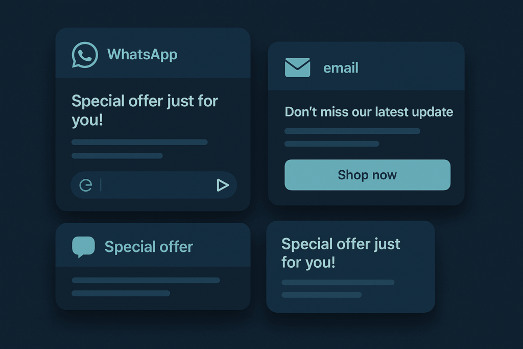 Synchronized Cross-Channel WhatsApp Marketing Grid Layered message cards in synchronized grid layout