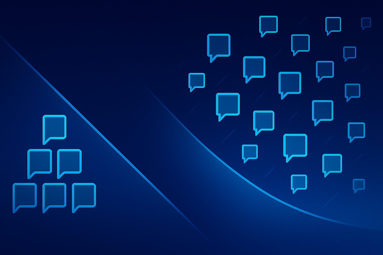 Abstract tech visualization showing WhatsApp broadcast limitations and scaling potential with dark gradient background