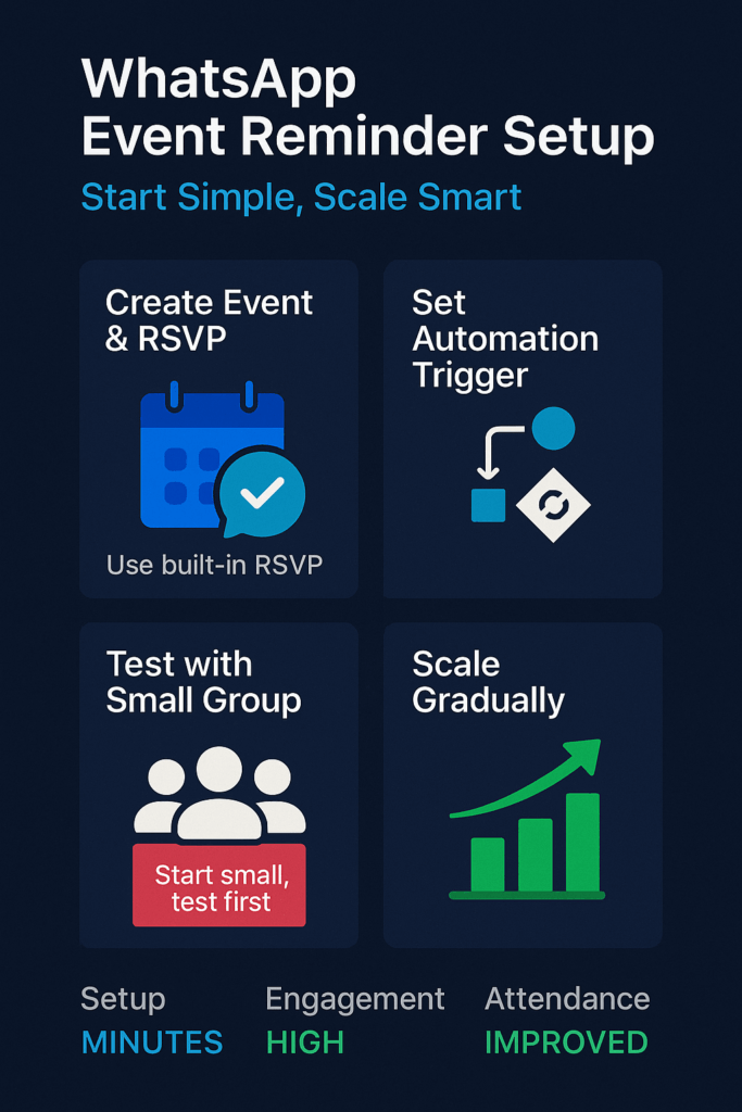 Step-by-step WhatsApp event reminder workflow infographic showing creation to scaling
