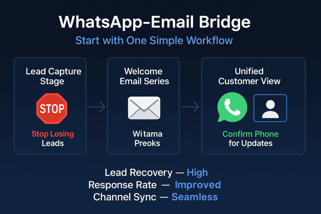 WhatsApp Email Integration Workflow Guide Infographic showing four-step WhatsApp-email workflow: lead capture, welcome email, WhatsApp confirmation, unified customer view