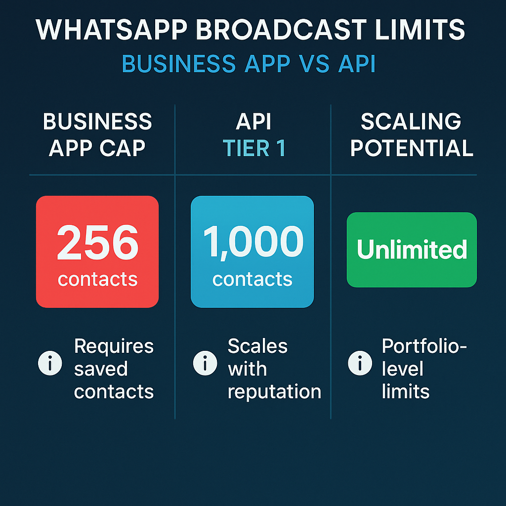 Infographic comparing WhatsApp Business App 256-contact limit versus API tiered scaling system
