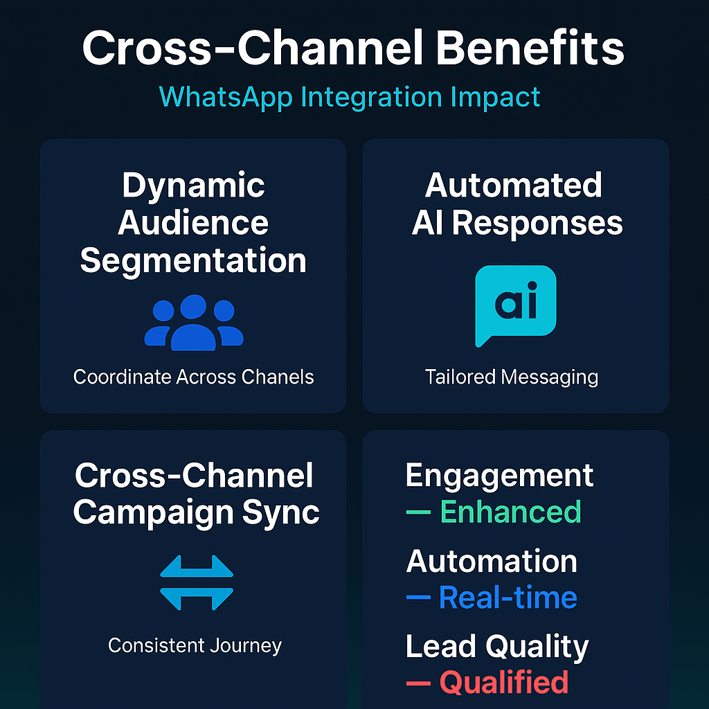 WhatsApp Cross-Channel Marketing Benefits Guide Infographic displaying WhatsApp cross-channel benefits: dynamic segmentation, AI responses, campaign sync for enhanced engagement
