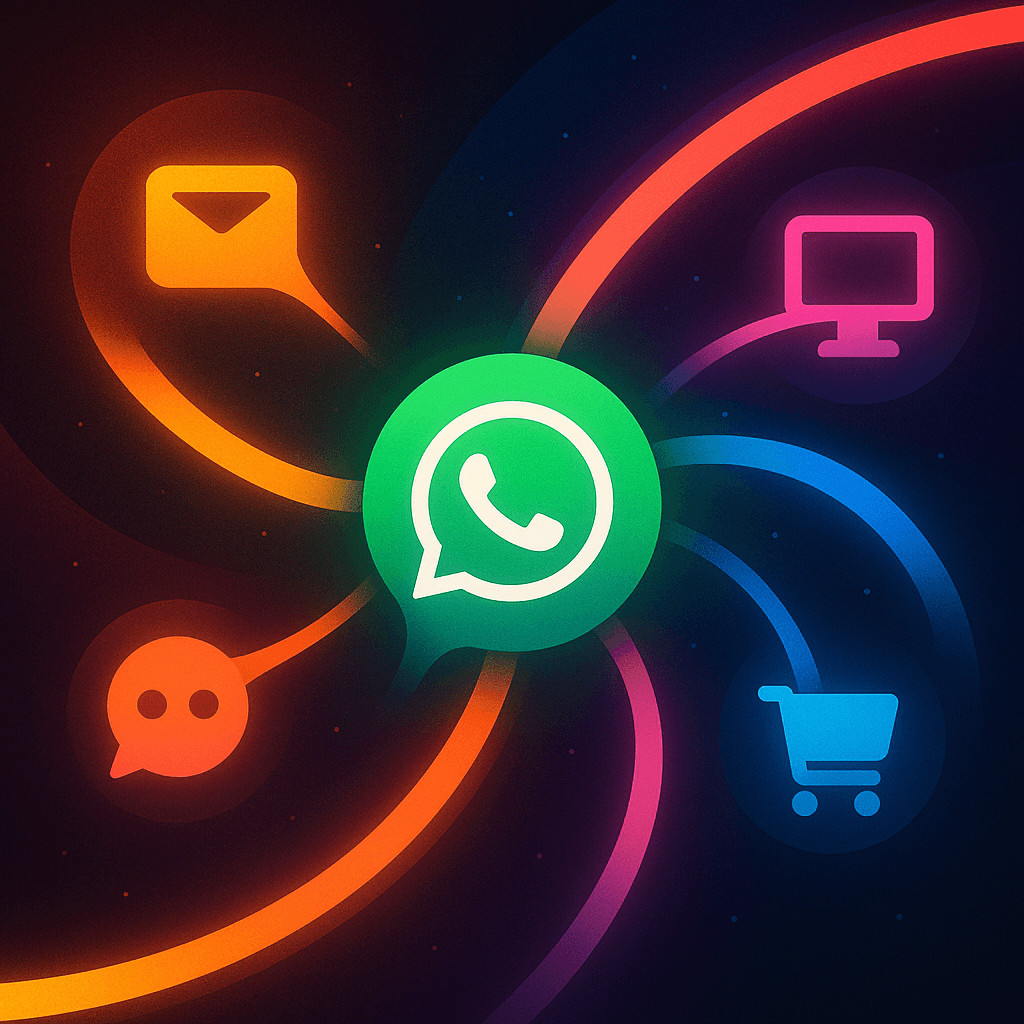 WhatsApp Cross-Channel Marketing Integration Visual Dynamic WhatsApp cross-channel marketing visualization with curved geometry and particle effects on dark gradient background