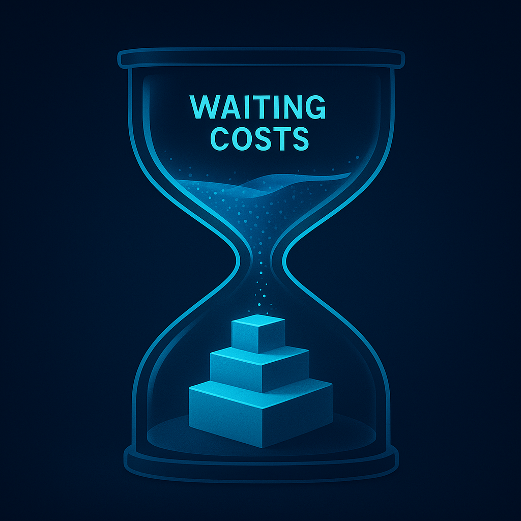 Stylized hourglass with tiered capacity blocks showing delay